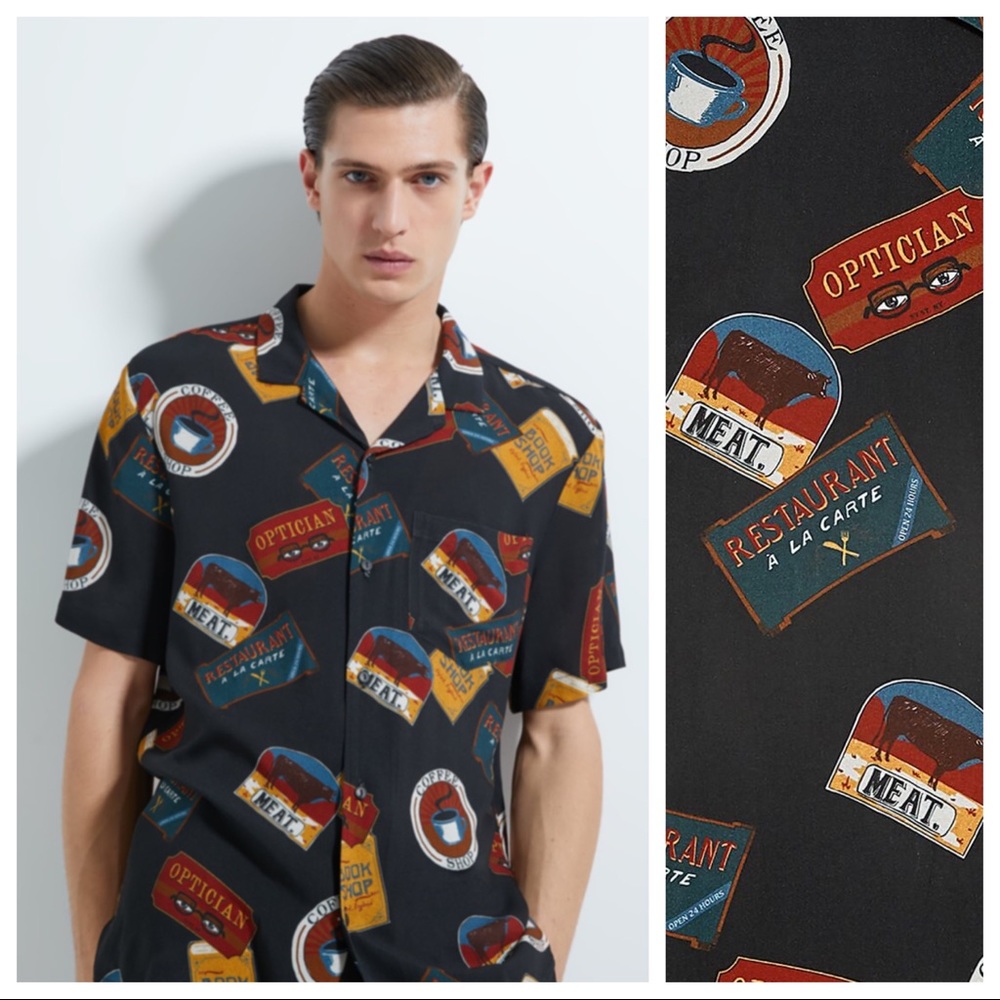 NWT. Zara Man Black Print Shirt. Size XL.